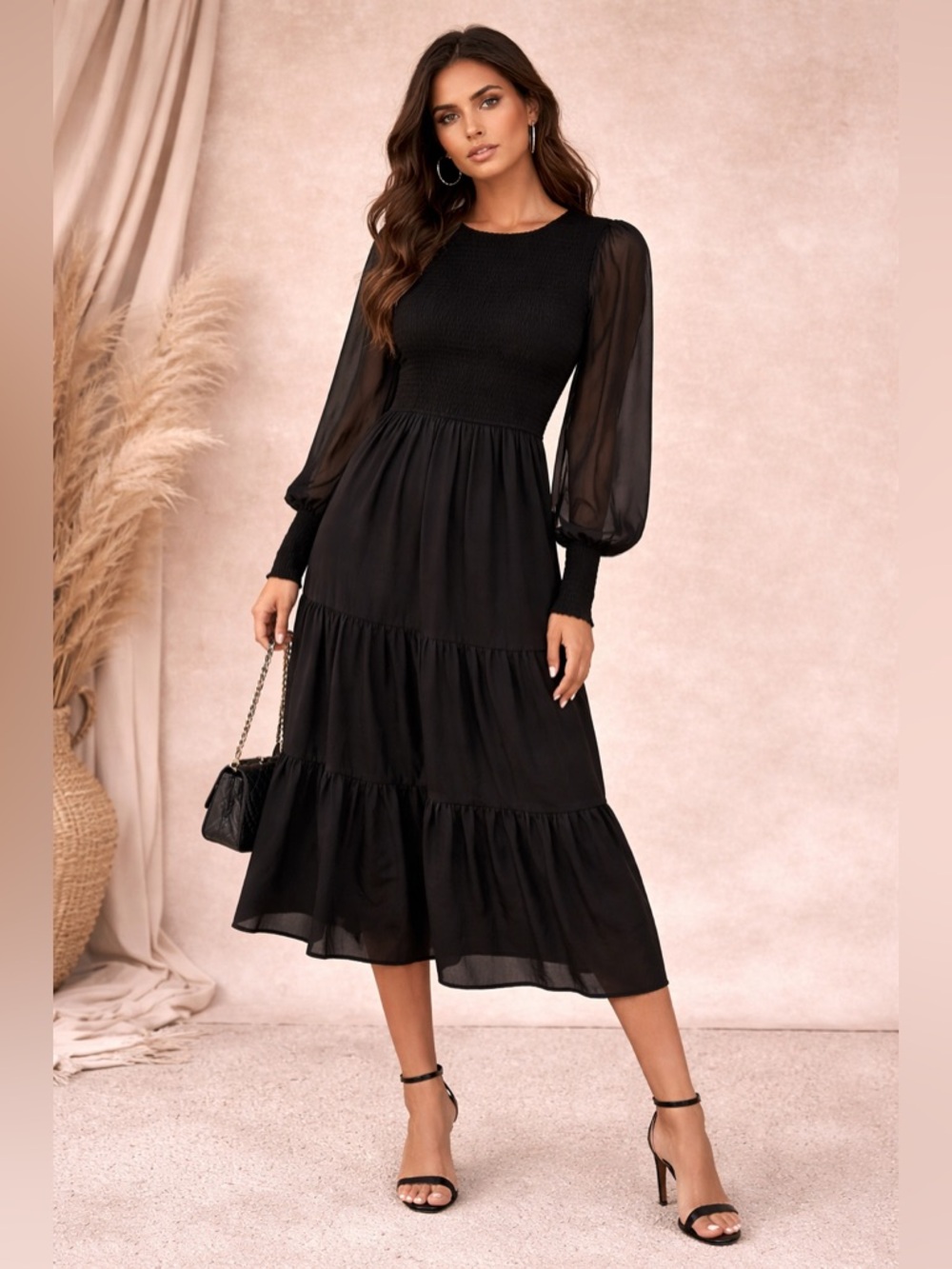 Mittoshop Black Smocked Midi Dress Sheer Sleeve Tiered Boho Size S (ptp 14-24”)